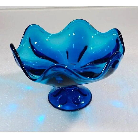 Vtg Mid-Century  Viking 6 Petal HTF Epic Electric Blue Glass Compote Dish MCM - Picture 6 of 9